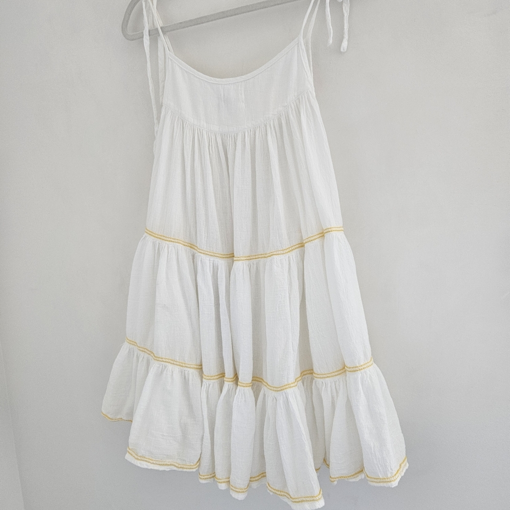 Honorine Peri White With Yellow Embroidered Strips Tiered Pouff Dress - Picture 9 of 11